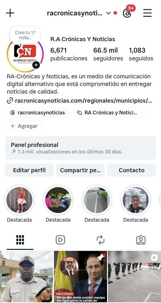 Captura del perfil de Instagram de RA Crónicas y Noticias con 66,5 mil seguidores